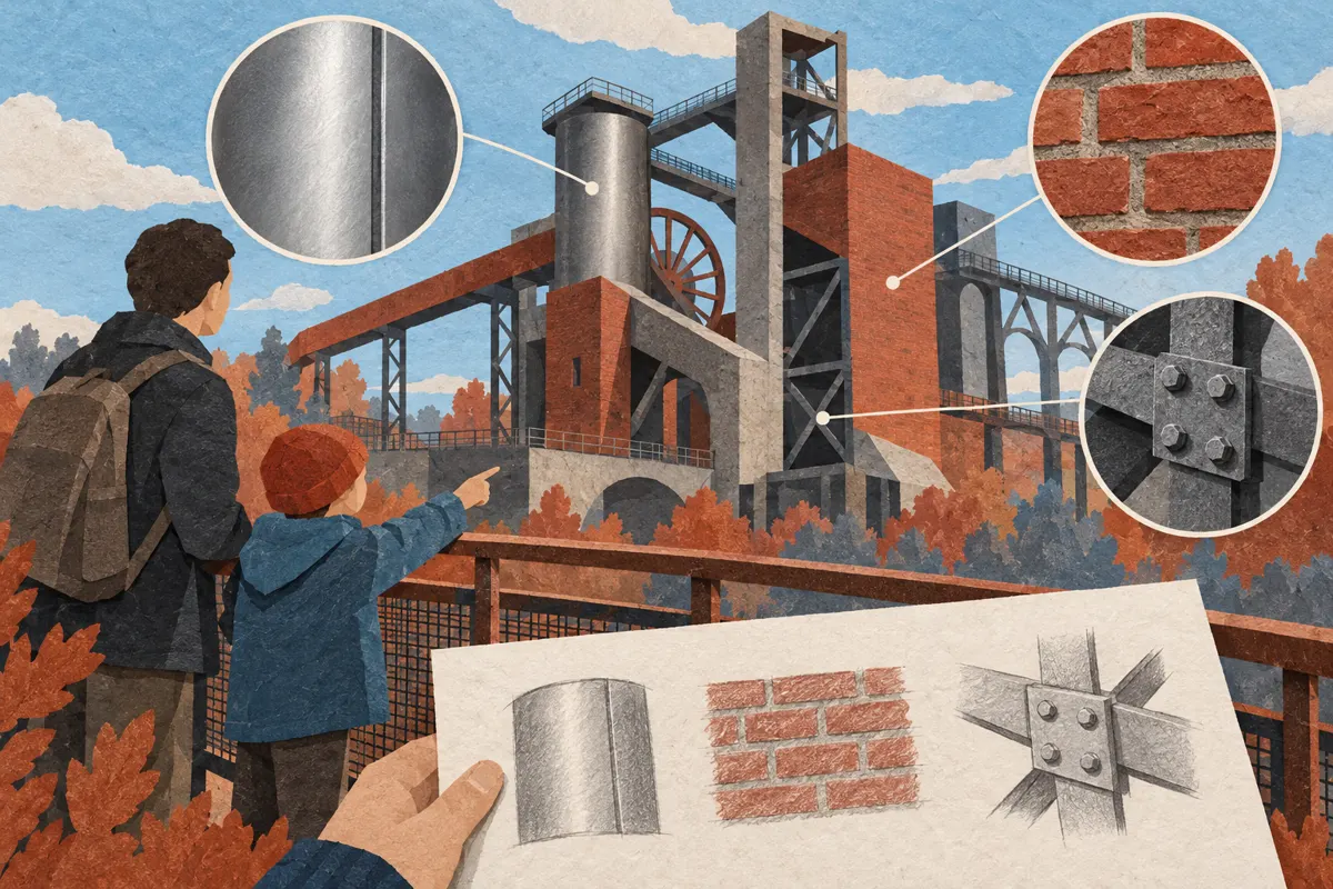 Ilustracja dorosłego i dziecka obserwujących detale umownej konstrukcji przemysłowej, z kartką szkiców na pierwszym planie.