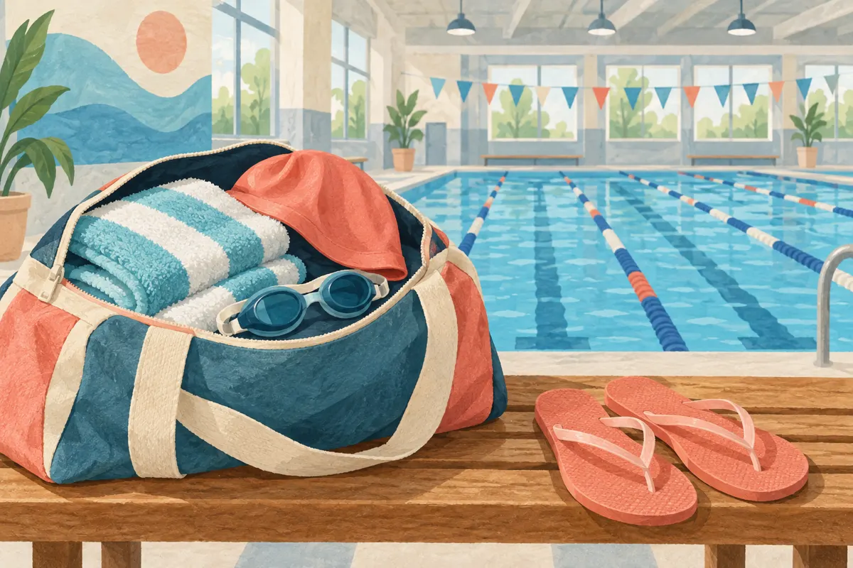 Ilustracja torby z podstawowym wyposażeniem na pierwszą wizytę na krytym basenie.
